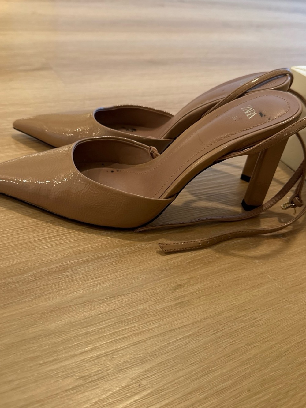 Zara Patent Pointed-Toe Slingback Heels in Nude Brown
